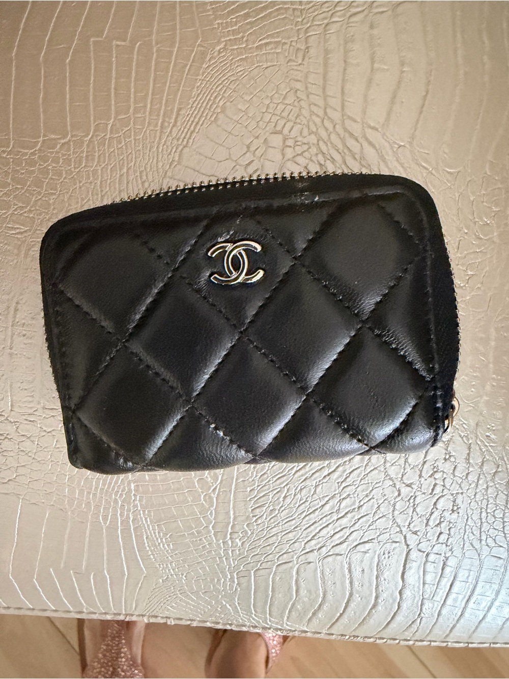 Black Quilted Leather Zip Wallet with Silver Logo